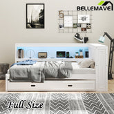 Bellemave® Full Size Wood Daybed with Storage Shelves, USB, LED and Trundle - Bellemave